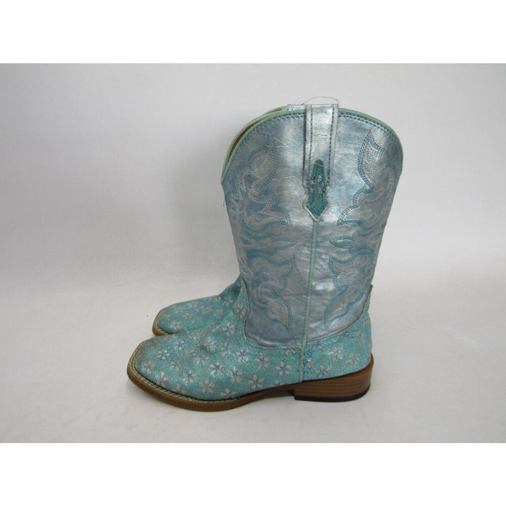 Roper Brand Little Kid Youth Sz 3 Metallic Turquoise Floral Glitter Cowboy Boot